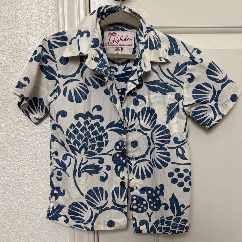 Kahala Boys White & Blue Floral Button-Down Camp Shirt